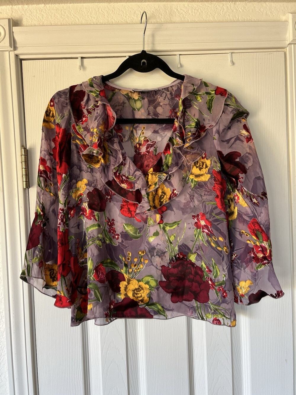 New Alice + Olivia Water Lotus Lavender Purple Floral Blouse Silk Blend Size XS